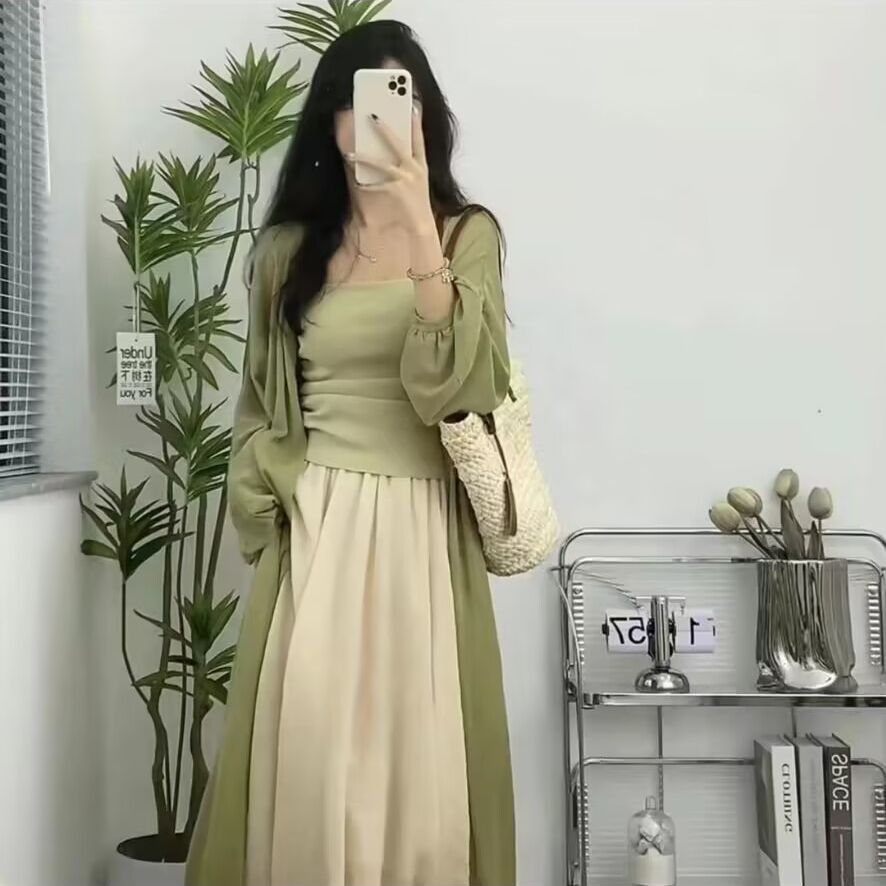 【禪意三件套】防曬開衫+百搭抽褶吊帶背心+仙女春夏溫柔風半身裙