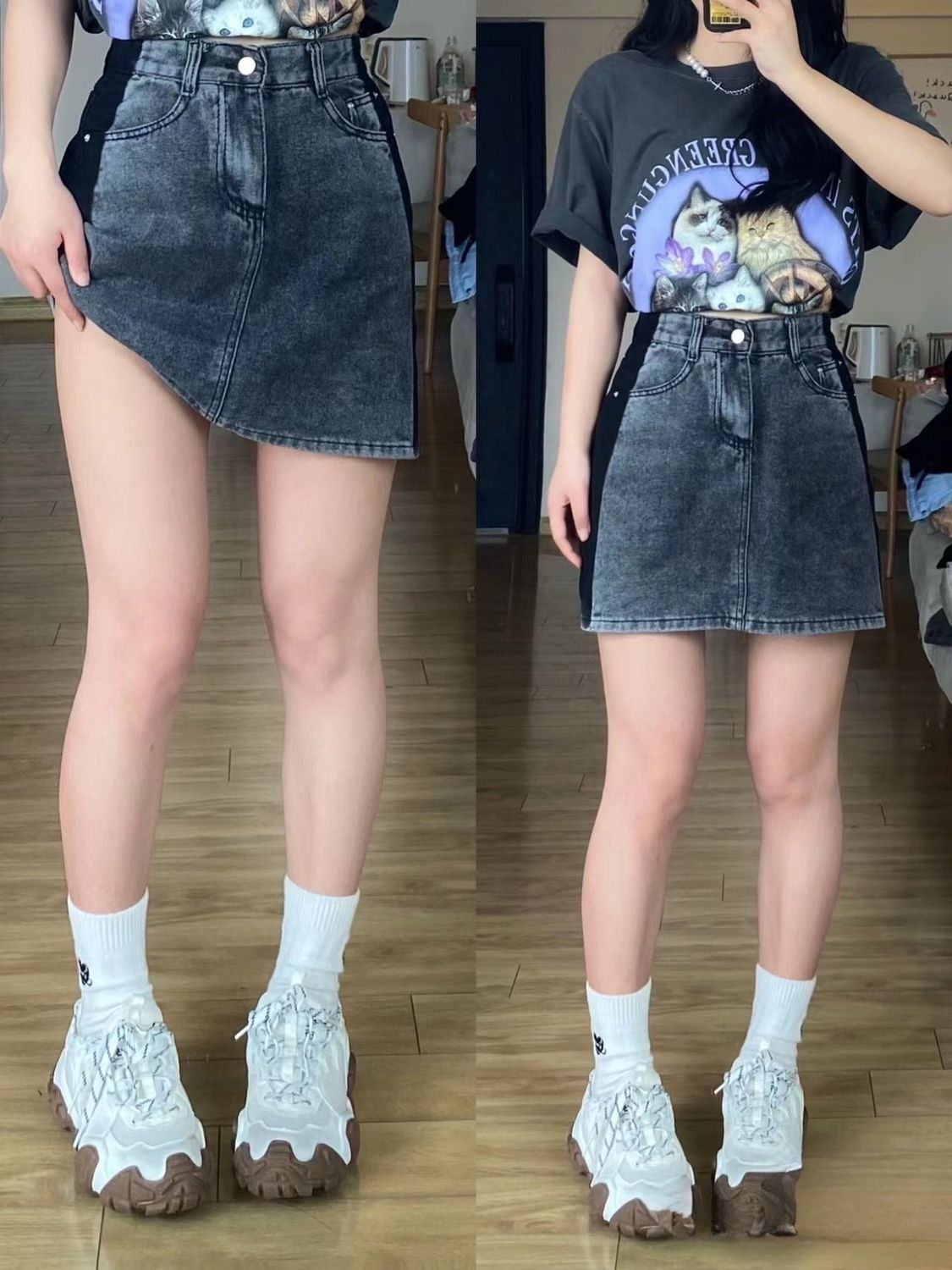 梨形身材黑灰修容牛仔半身短裙女夏季大碼胖mm高腰顯瘦a字包臀裙