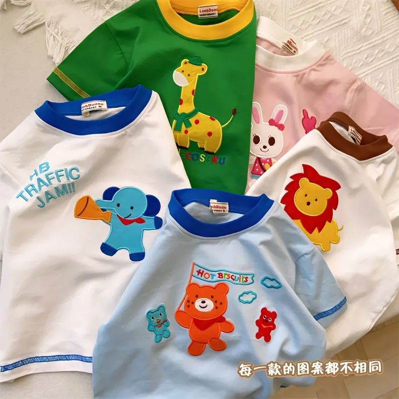 100% cotton summer new men and women small and medium children baby foreign style heavy industry patch embroidery short-sleeved T-shirt top