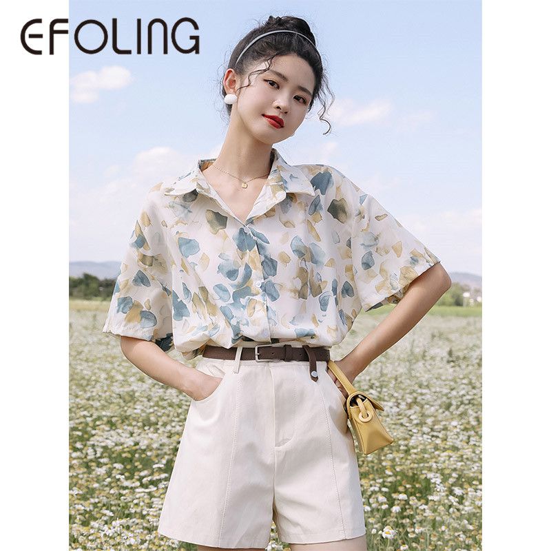 EFOLONG夏季復古港風chic印花短袖襯衫女設計感上衣休閒百搭襯衣