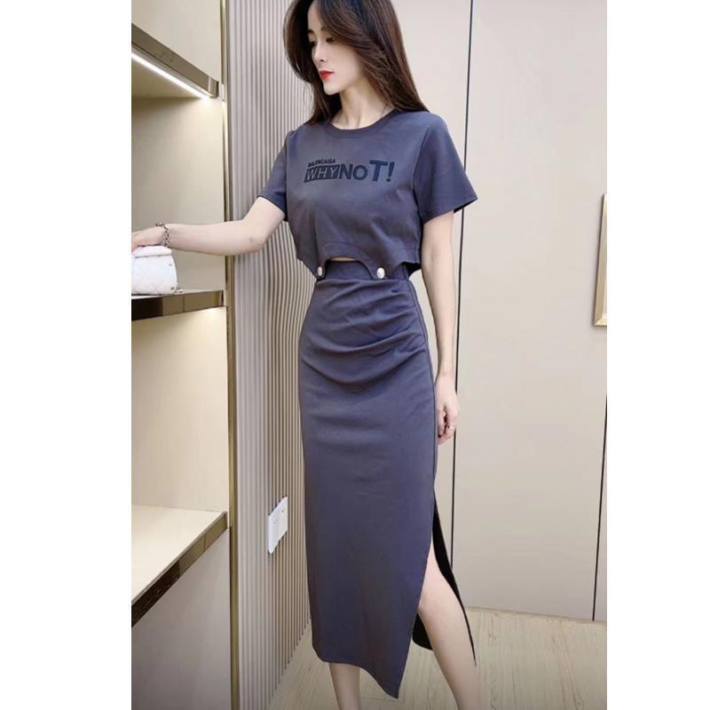 Internet celebrity hot style 2023 summer new letter print suit skirt women's mid-length slimming slit two-piece set