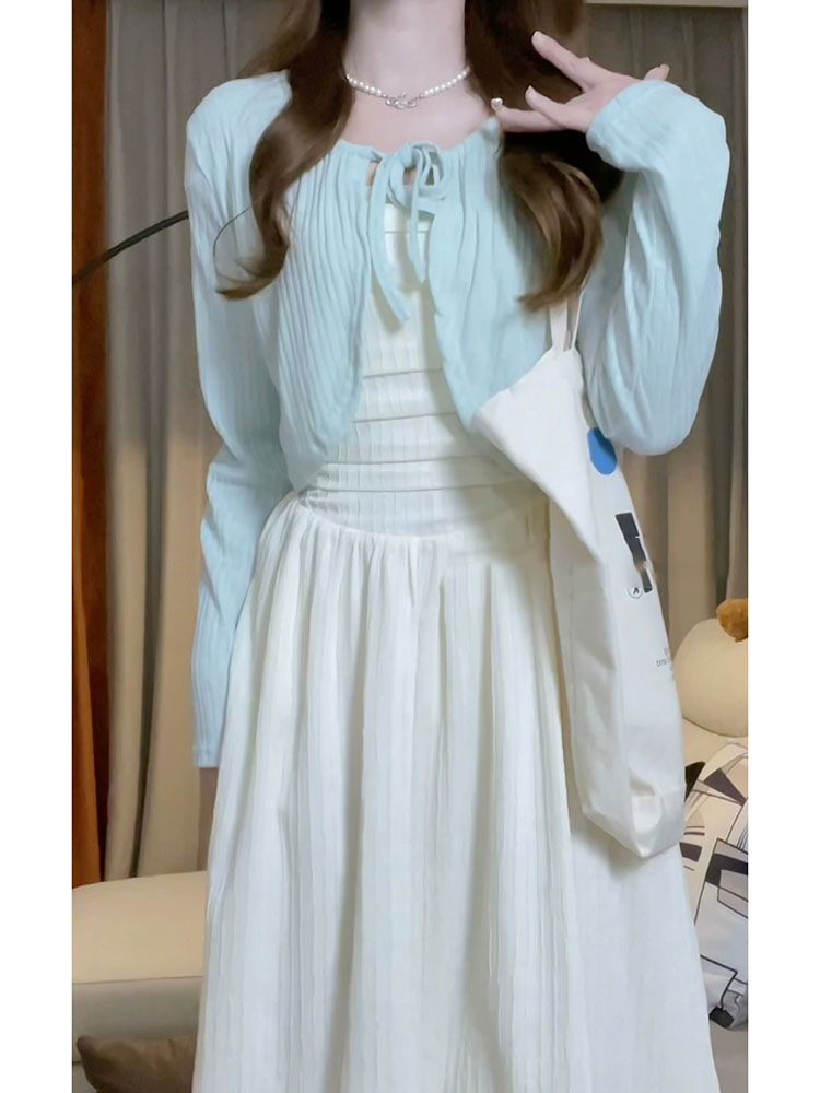 Sweet First Love Tube Top White Moonlight Dress Girls Students + Thin Shawl Knitwear Jacket Two-Piece Suit