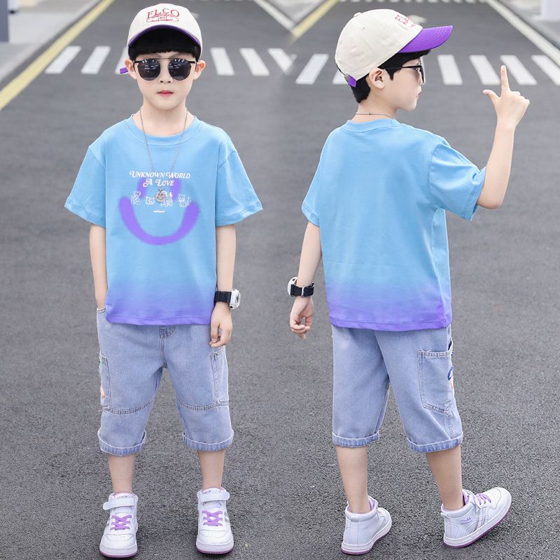 儿童装男童夏装套装2022新款中大童夏季韩版帅气拼色牛仔短袖潮衣