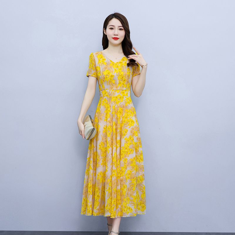 黃色連衣裙女2023夏季新款雪紡印花大碼遮肚遮肉寬鬆顯瘦大擺裙子