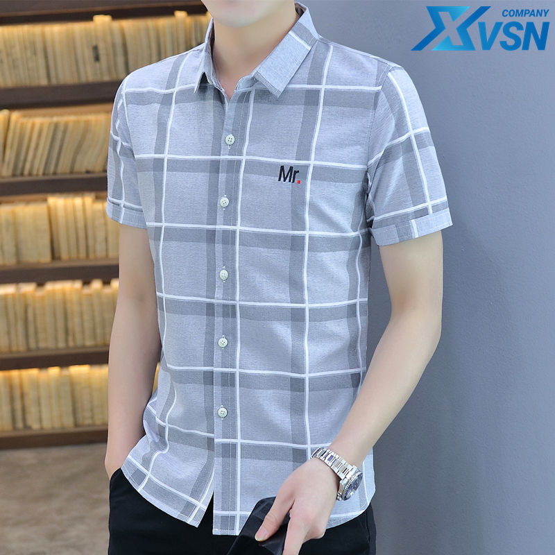 2023 Summer Men's Short-sleeved Shirts Korean Style Trendy Plaid Shirts Youth Casual Men's Inch Shirts Handsome Tops