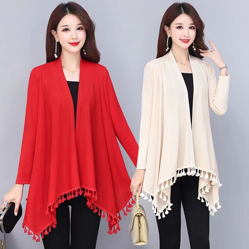 Early autumn knitted cardigan shawl, autumn style shawl for middle-aged and elderly people, 50 to 60 years old medium-length top, autumn coat