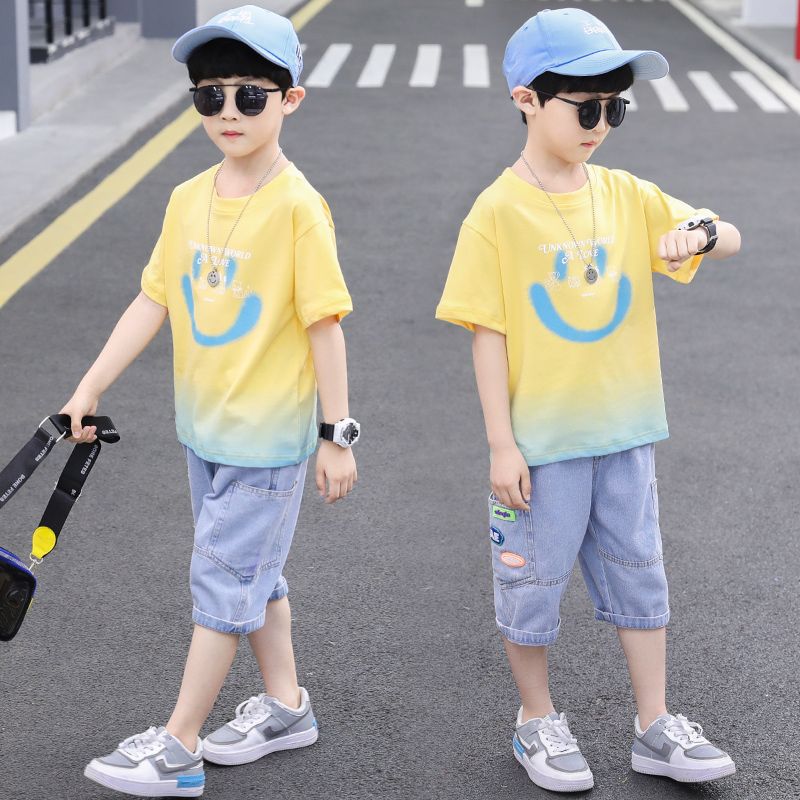 儿童装男童夏装套装2022新款中大童夏季韩版帅气拼色牛仔短袖潮衣