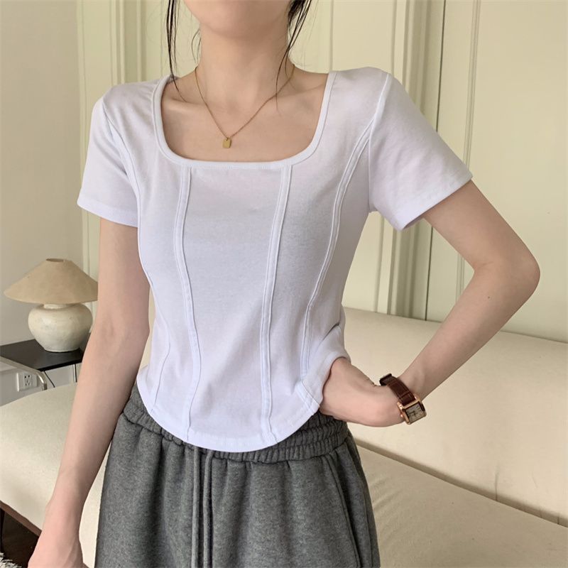 Pure desire fashion short-sleeved t-shirt women's off-the-shoulder casual inner high street splicing hot girl sports Korean version of the square collar top ins