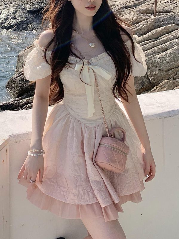 法式甜美泡泡袖漸變粉公主連衣裙女夏季設計感初戀裙收腰蓬蓬短裙