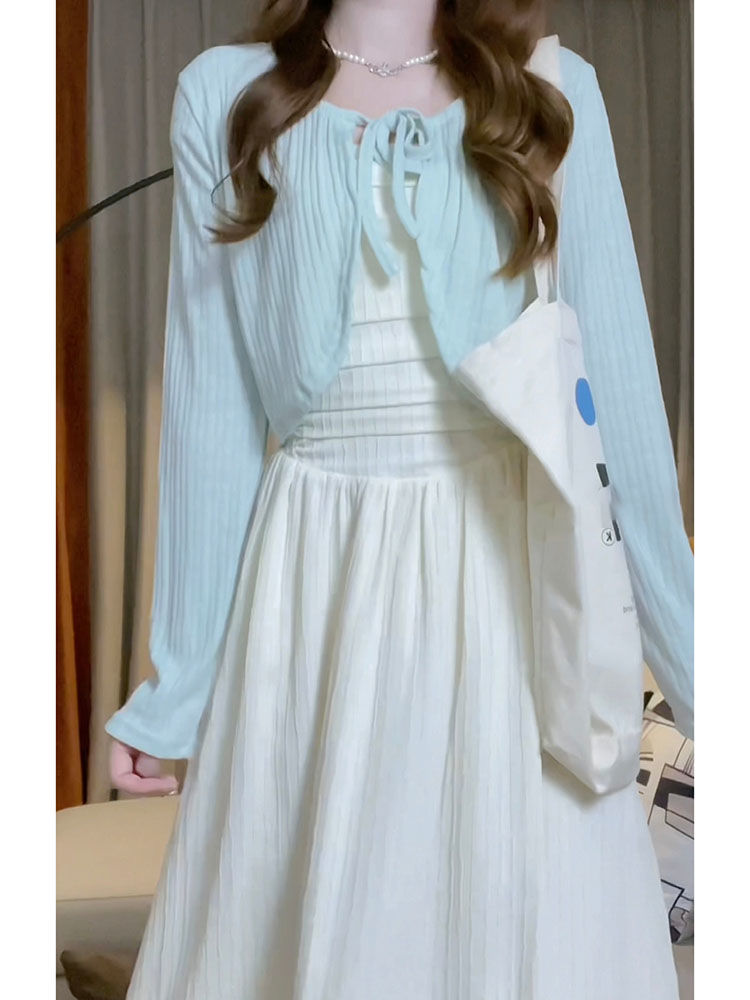 Sweet First Love Tube Top White Moonlight Dress Girls Students + Thin Shawl Knitwear Jacket Two-Piece Suit