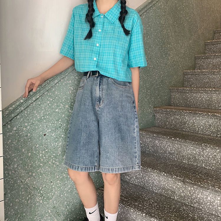 復古ins韓版大碼牛仔短褲女夏季新款高腰顯瘦直筒闊腿五分褲中褲