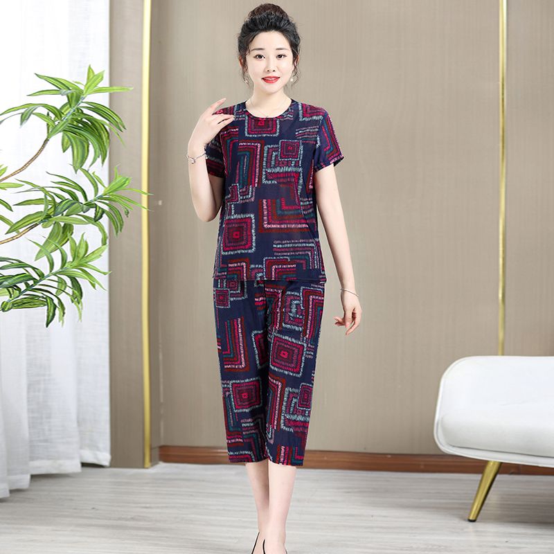 Summer women's new ice silk suit middle-aged and elderly mothers large size high elastic all-match two-piece outerwear thin suit