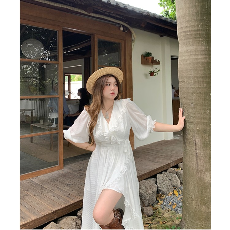 "Southern France Holiday" Slightly fat plus size v-neck ruffled vacation wind irregular hem dress pure desire