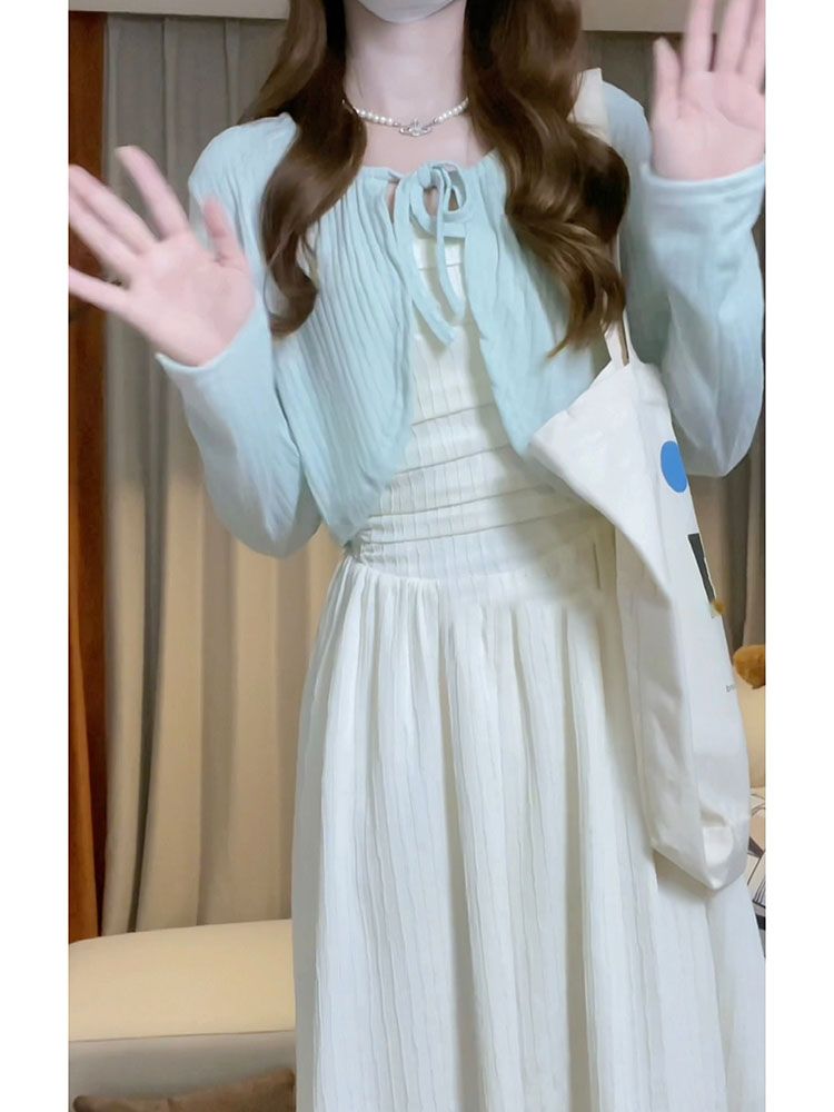 Sweet First Love Tube Top White Moonlight Dress Girls Students + Thin Shawl Knitwear Jacket Two-Piece Suit