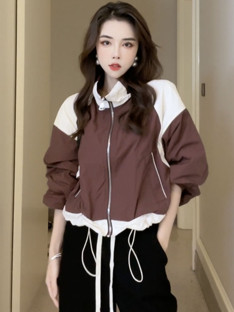 Blue sea Yinuo stand-up collar contrasting color splicing short sun protection clothing women's 2023 spring and summer new slim top trend