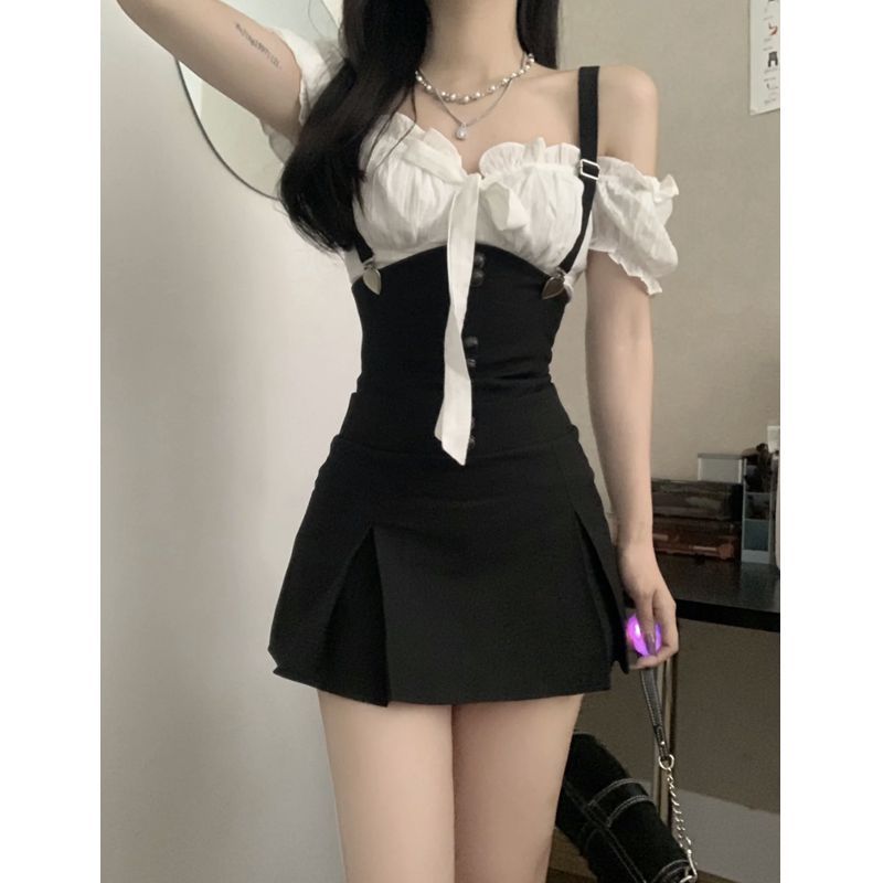 2023夏季新款辣妹設計感短款顯瘦泡泡袖襯衫女+收腰吊帶裙兩件套