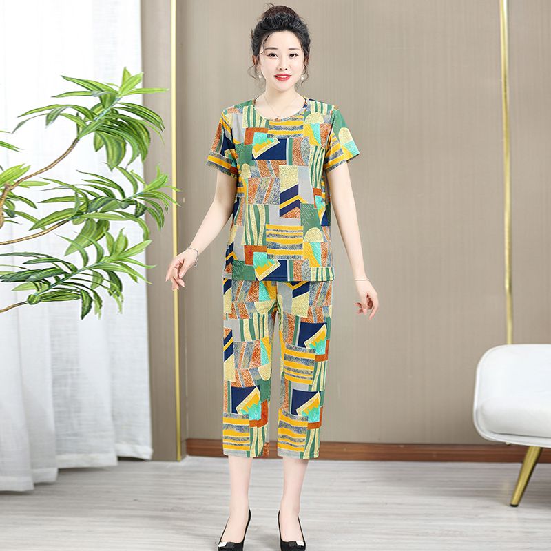 Summer women's new ice silk suit middle-aged and elderly mothers large size high elastic all-match two-piece outerwear thin suit