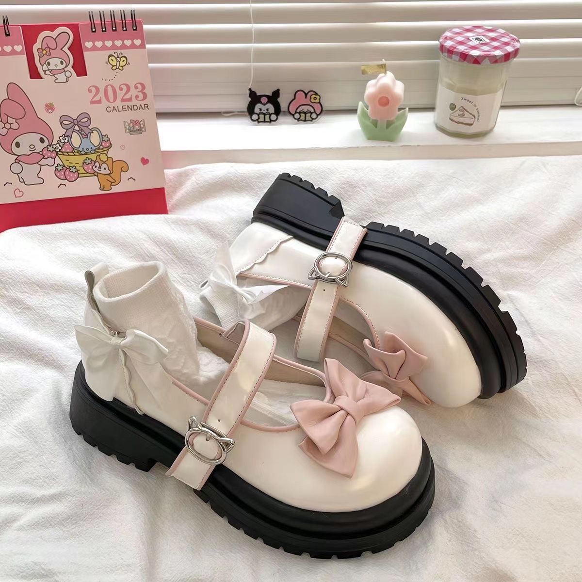WRQC小個子甜美蝴蝶結松糕鞋女2023春季百搭配裙子jk小皮鞋單鞋潮