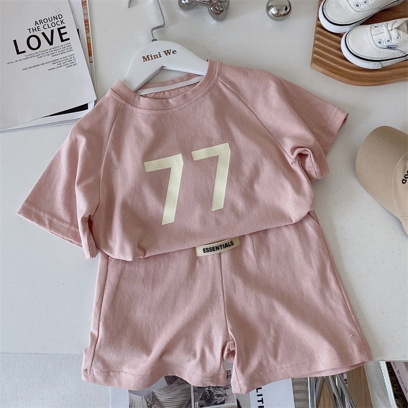 Boys' casual suit pure cotton summer loose splicing trendy digital sports children's baby short-sleeved T-shirt shorts male