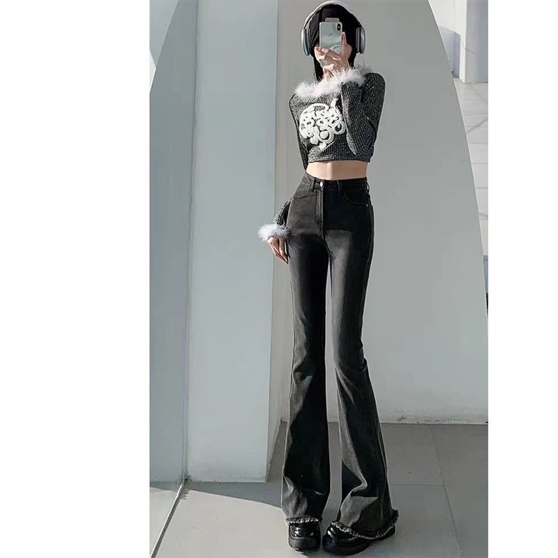 黑灰色微喇牛仔褲女2023春秋高腰顯瘦大碼胖mm修身拖地毛邊馬蹄褲