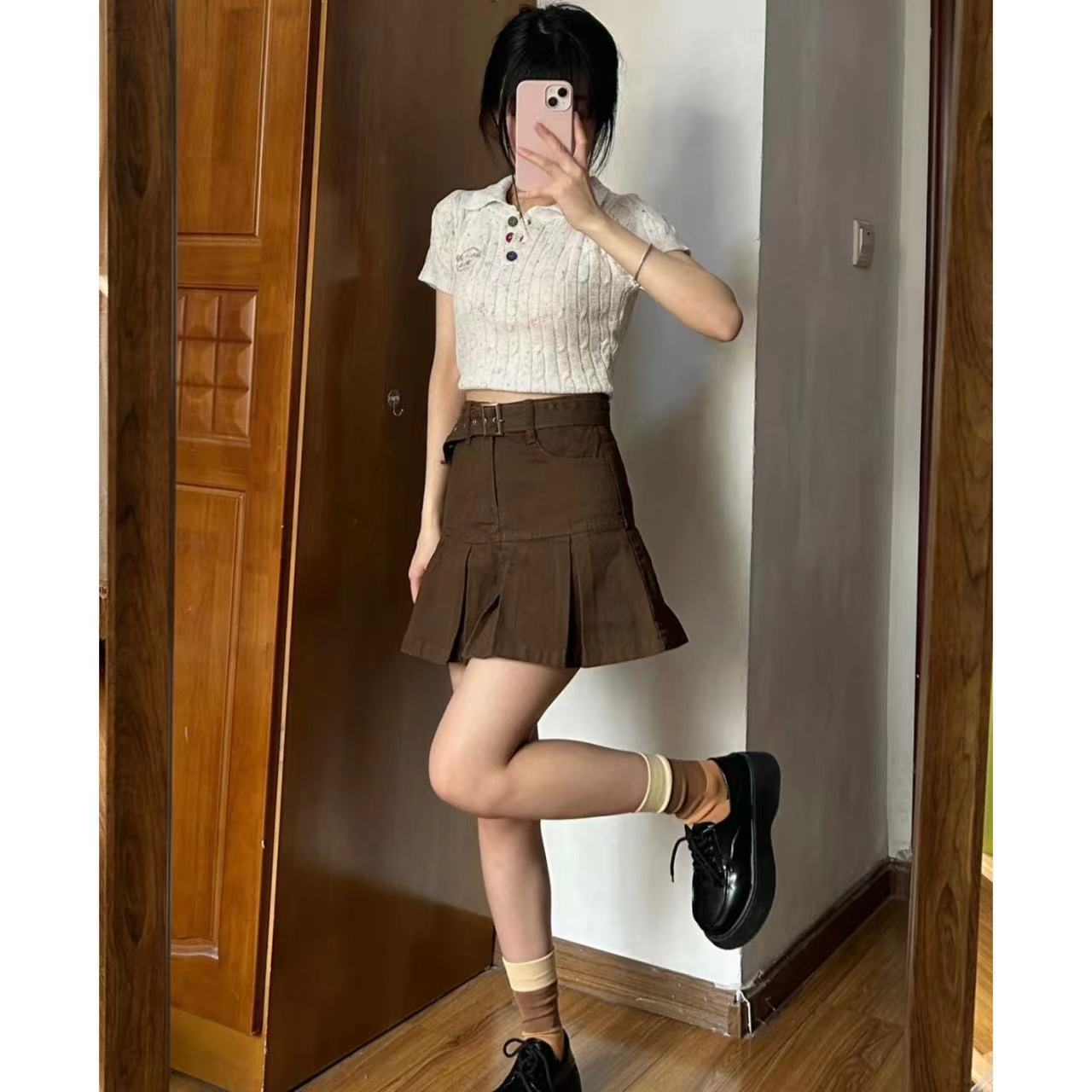Brown denim pleated skirt women's a-line high waist spring and autumn 2023 new small slim skirt