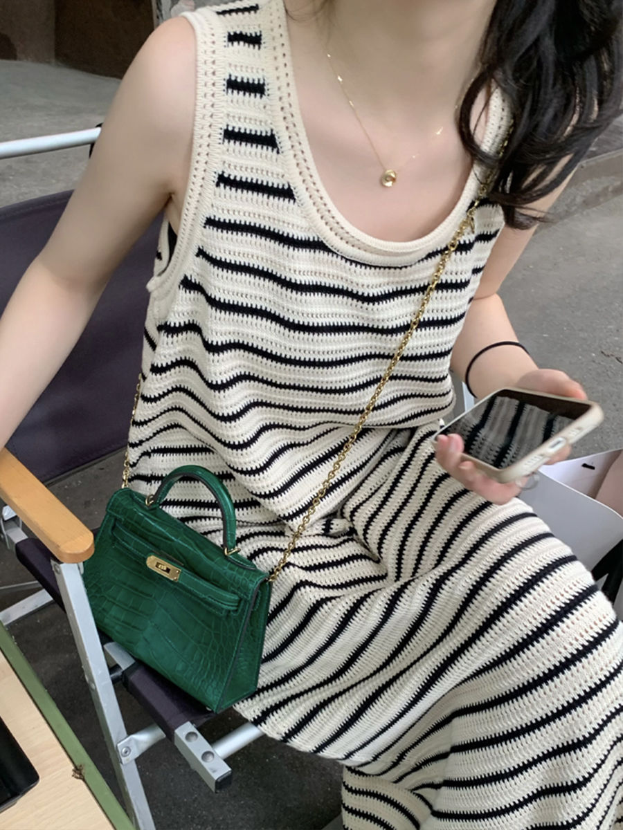 Sleeveless Striped Knitted Dress Women's Loose Long Skirt Slit Round Neck Looks Thin in Summer 2023 All-match Suspender Dress