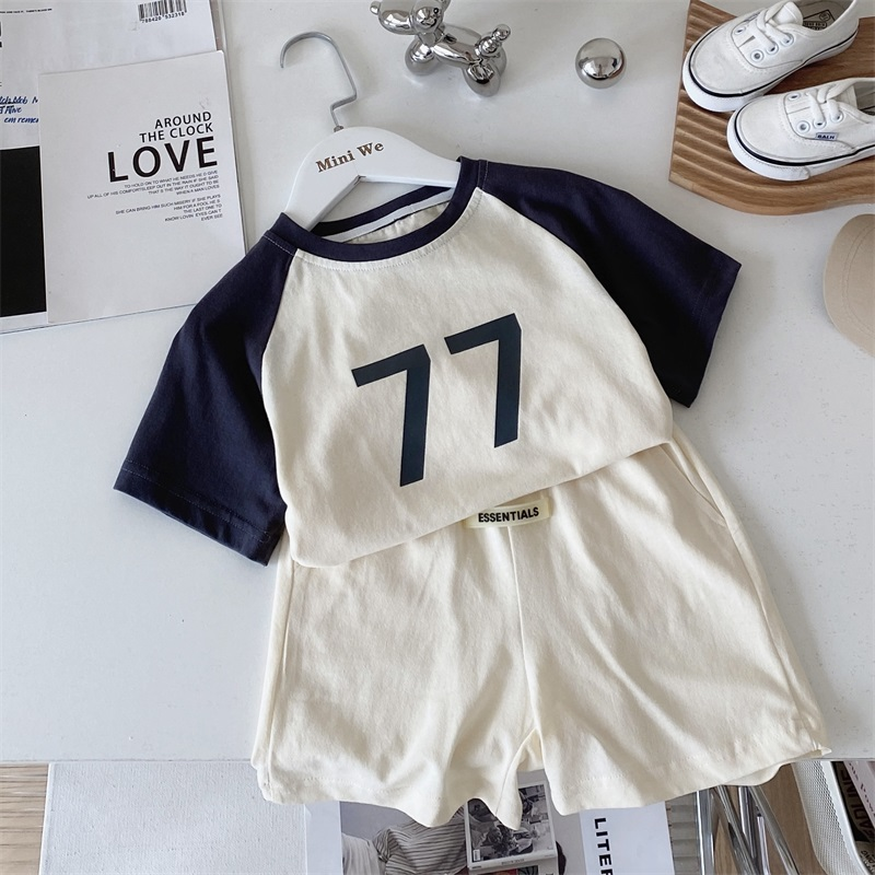 Boys' casual suit pure cotton summer loose splicing trendy digital sports children's baby short-sleeved T-shirt shorts male
