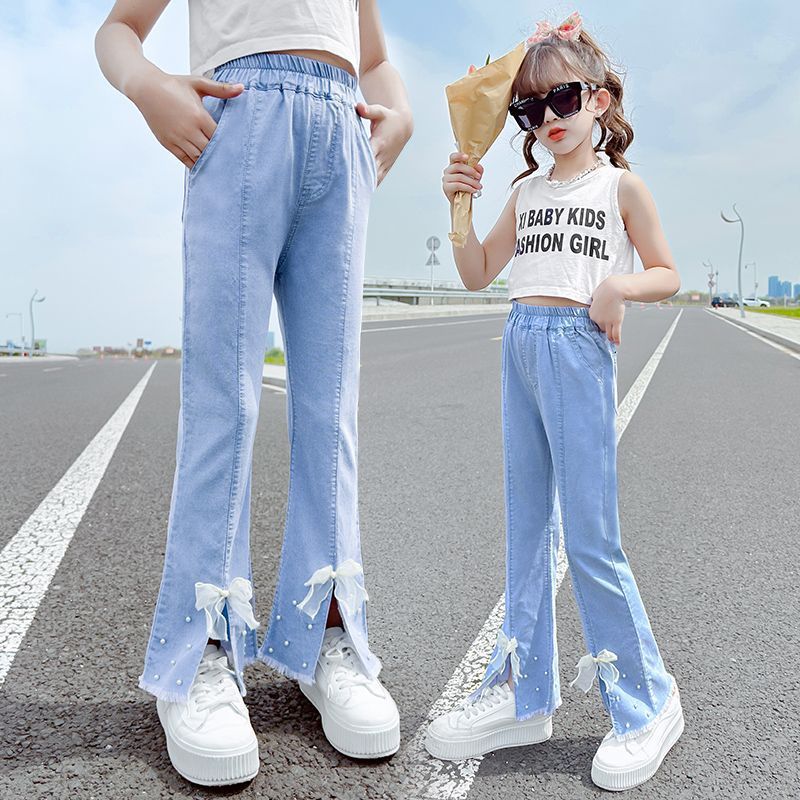 女童褲子夏季薄款洋氣時髦喇叭褲2023新款兒童天絲牛仔褲女孩長褲