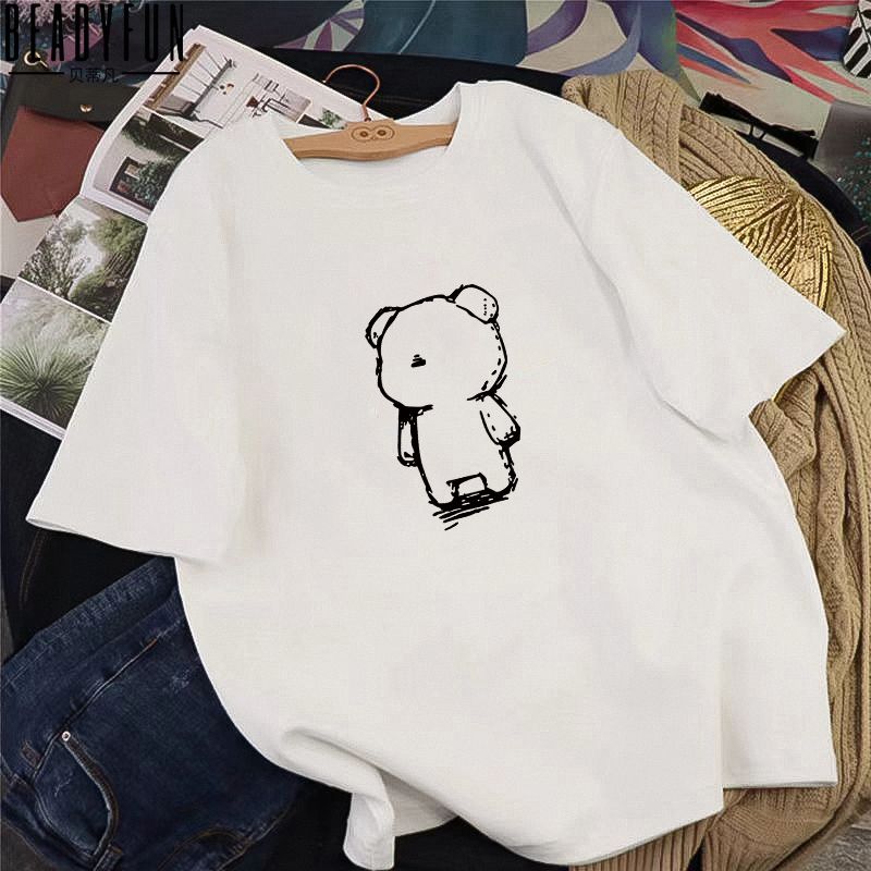 BEADYFUN短袖印花t恤男女夏季小眾潮流ins寬鬆五分袖休閒百搭上衣