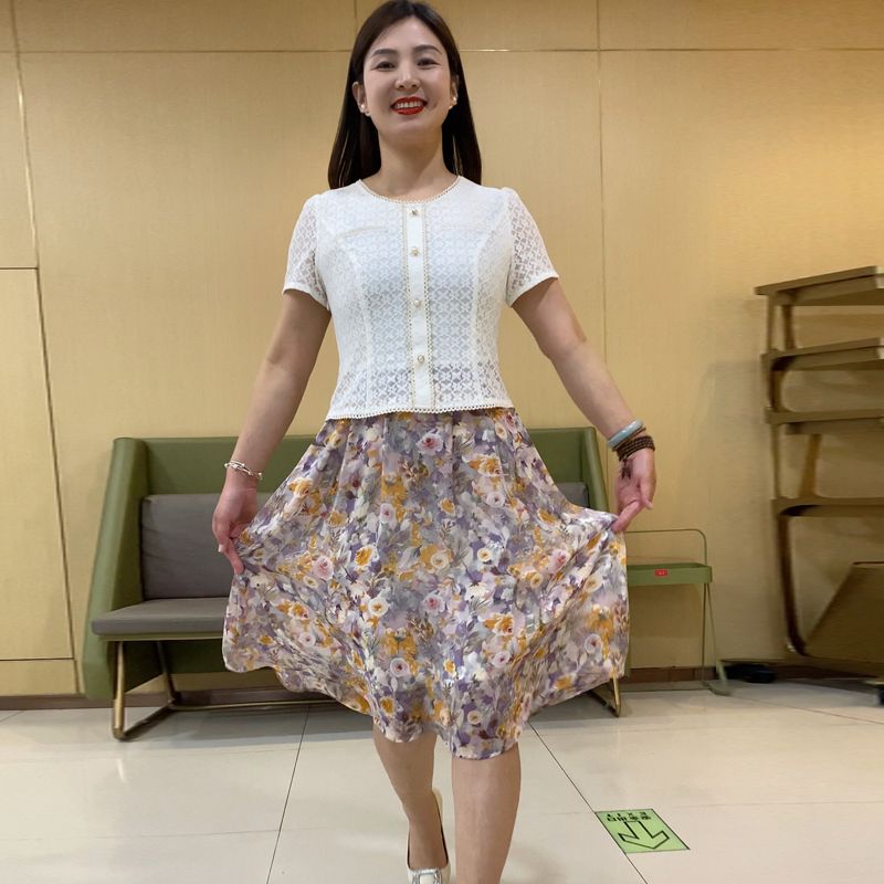假兩件連衣裙女2023夏裝新款中年媽媽裝洋氣減齡遮肚印花雪紡裙子