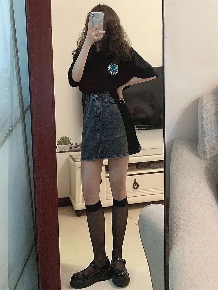復古高腰牛仔半身裙女夏季2023新款百搭顯瘦A字短裙大碼包臀裙子
