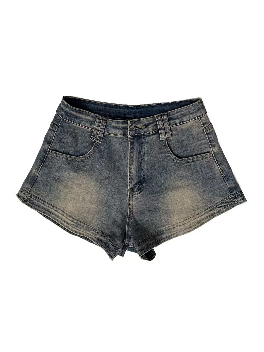 Retro Blue Denim Shorts Women's High Waist Elastic Hot Pants Thin Section Versatile Leg Length American Nostalgic European and American Style