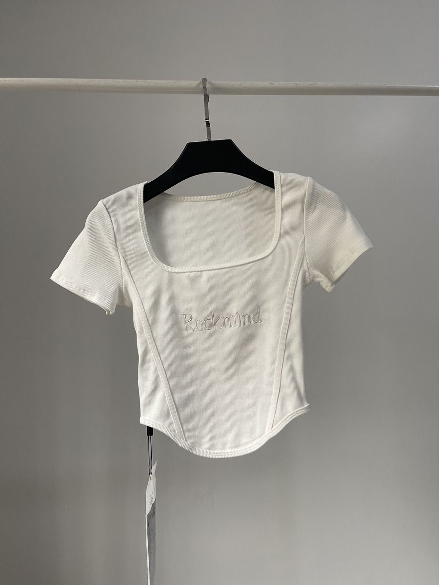 American retro letter embroidery slim bottoming shirt square collar low-cut clavicle exposed short-sleeved T-shirt exposed navel high waist top