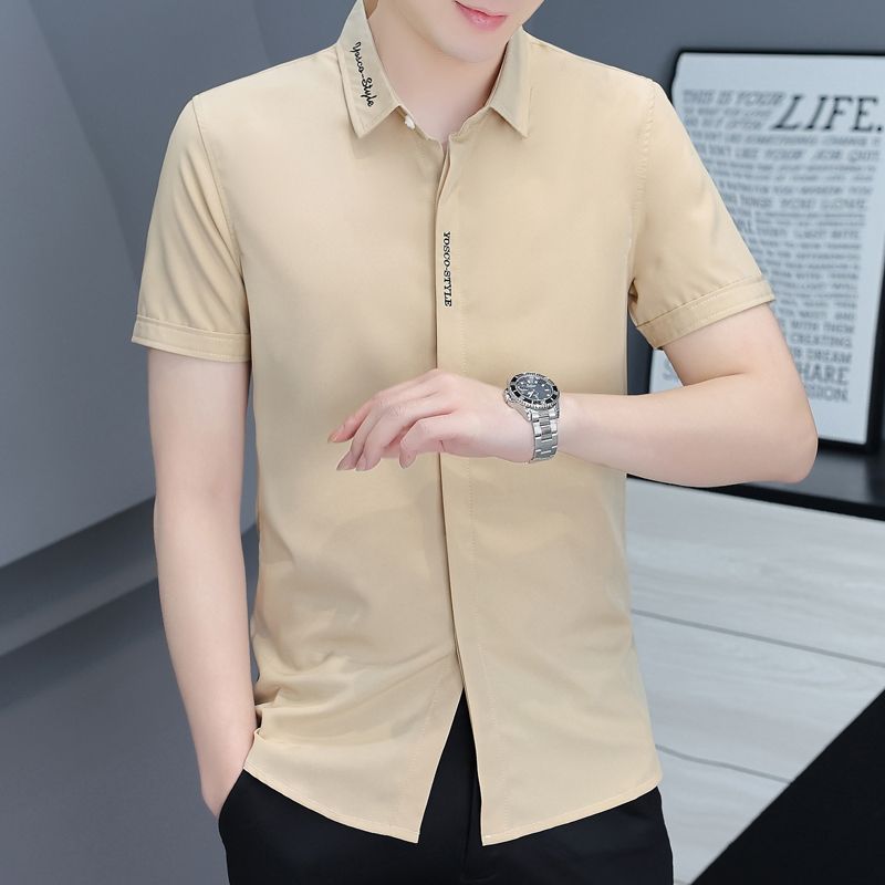 Summer new high-end lapel non-ironing shirt ice sense fashion men's short-sleeved shirt slim ice silk solid color inch coat