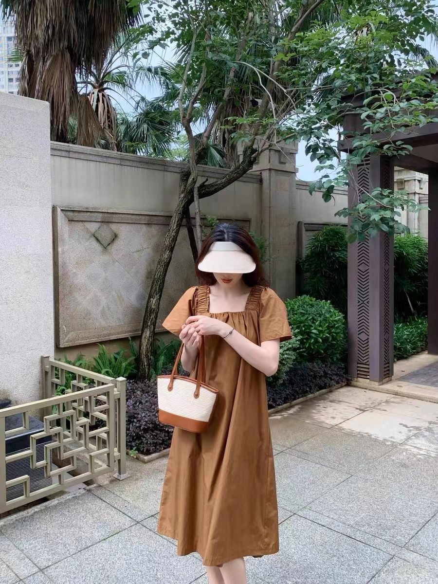 Summer vacation style casual square collar long skirt niche original loose belly cover slim long dress female summer