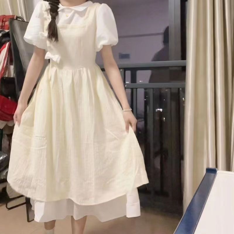 法式初戀桔梗裙設計感假兩件連衣裙女學生夏日短袖中長款a字裙子