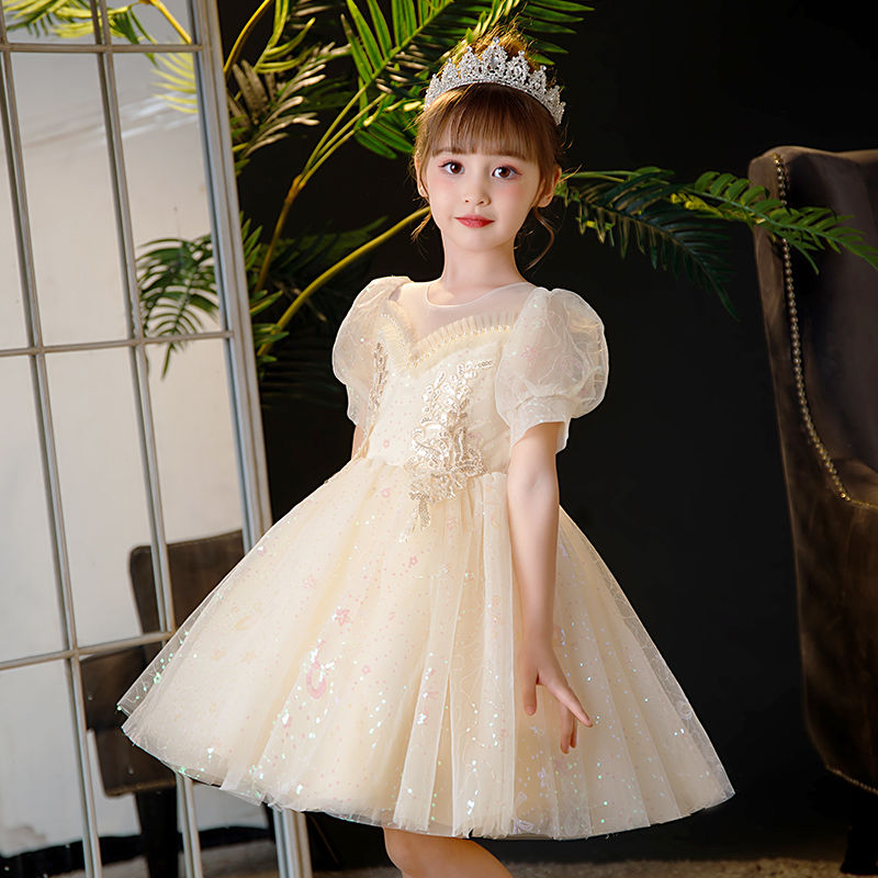 女童禮服主持人兒童公主裙白色花童婚禮小女孩生日鋼琴走秀演出服