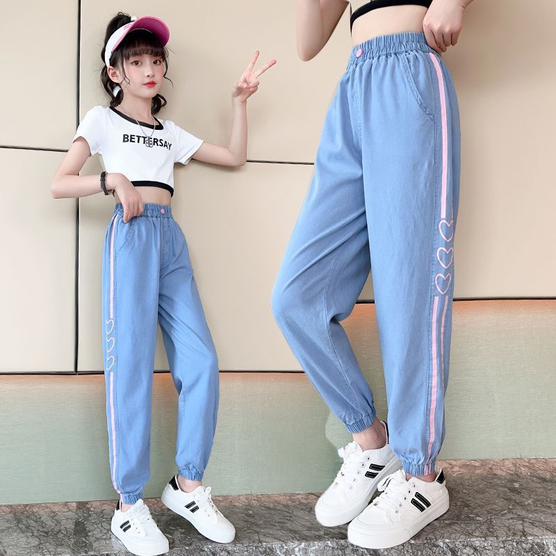 女童褲子夏季薄款小學生燈籠褲時髦休閒防蚊褲兒童透氣天絲牛仔褲