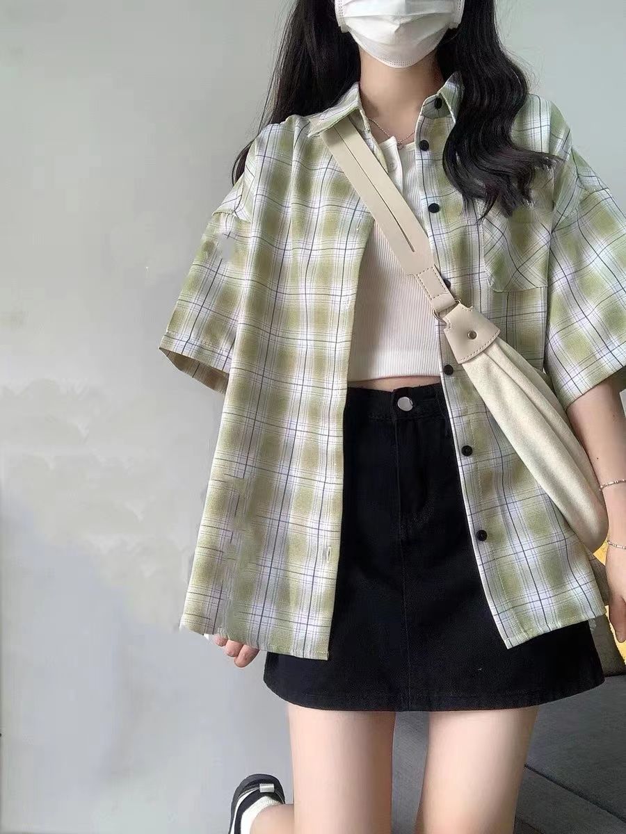 綠色格子襯衫女短袖夏季新款設計感小眾寬鬆薄款復古襯衣清新學院