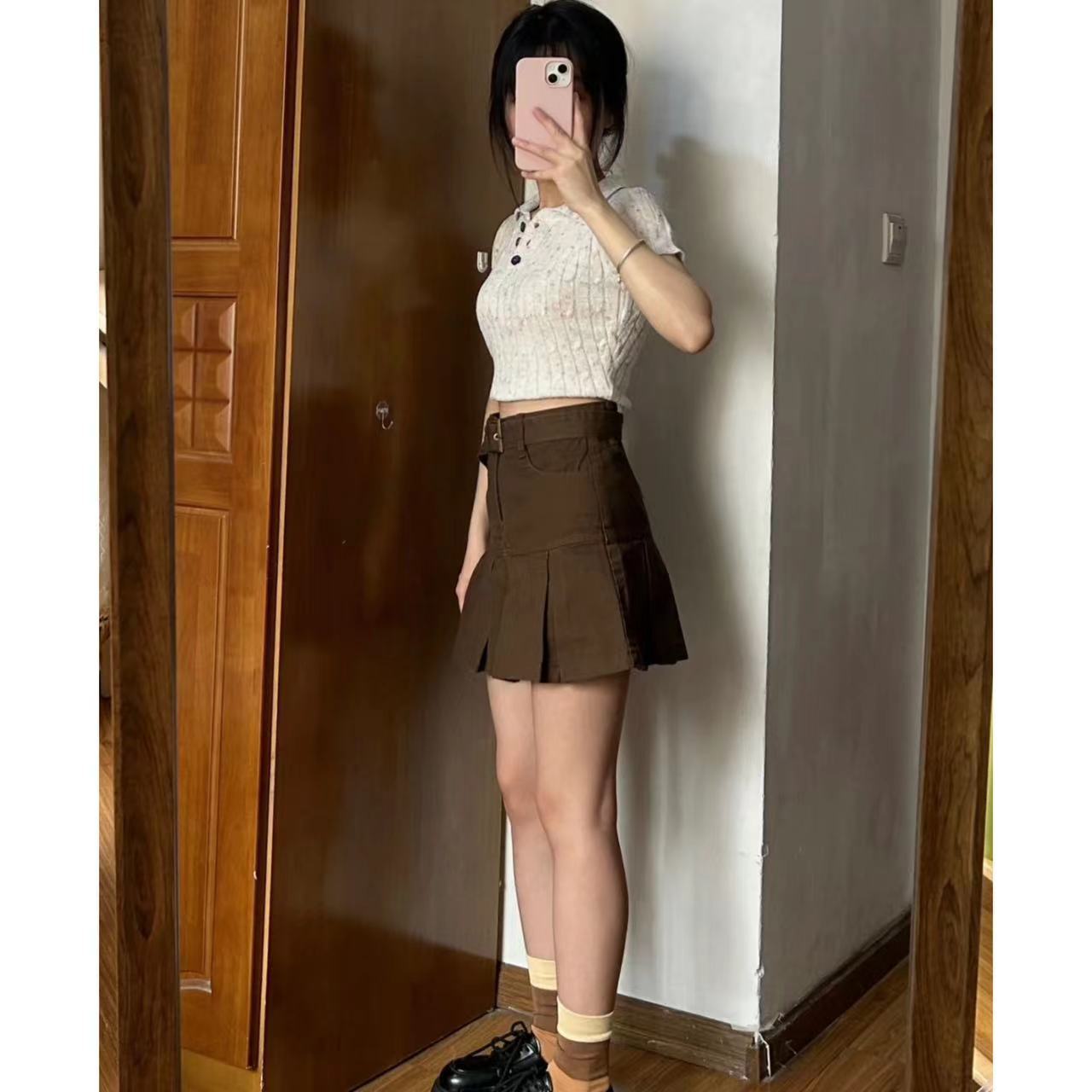 Brown denim pleated skirt women's a-line high waist spring and autumn 2023 new small slim skirt