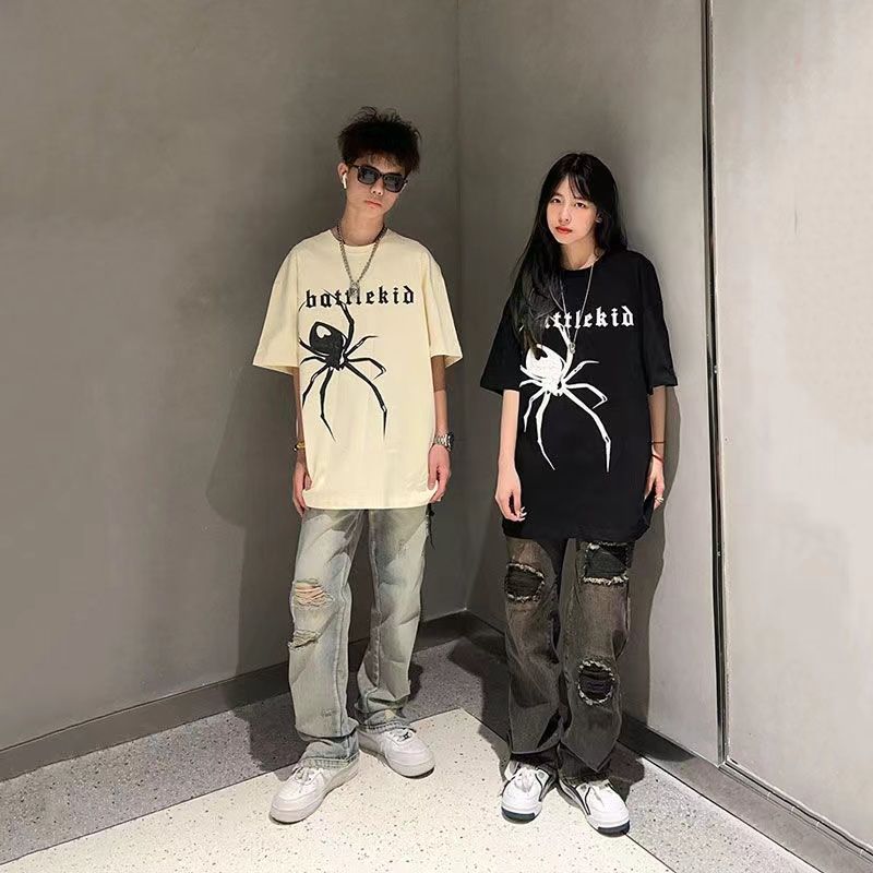 100%純棉美式落肩短袖t恤女學生寬鬆oversizeins韓版情侶上衣服男