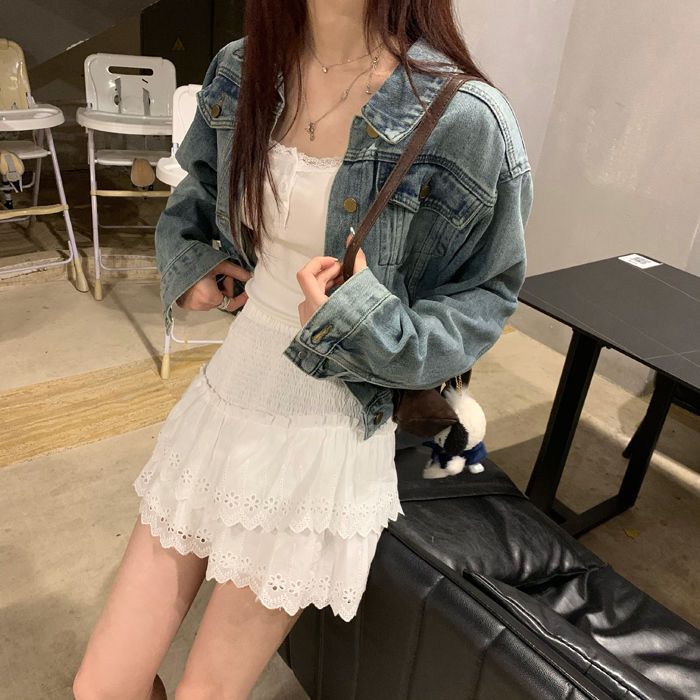法式洋氣小個子蕾絲刺繡花邊短裙a字蛋糕裙子梨形遮肉顯瘦蓬蓬裙