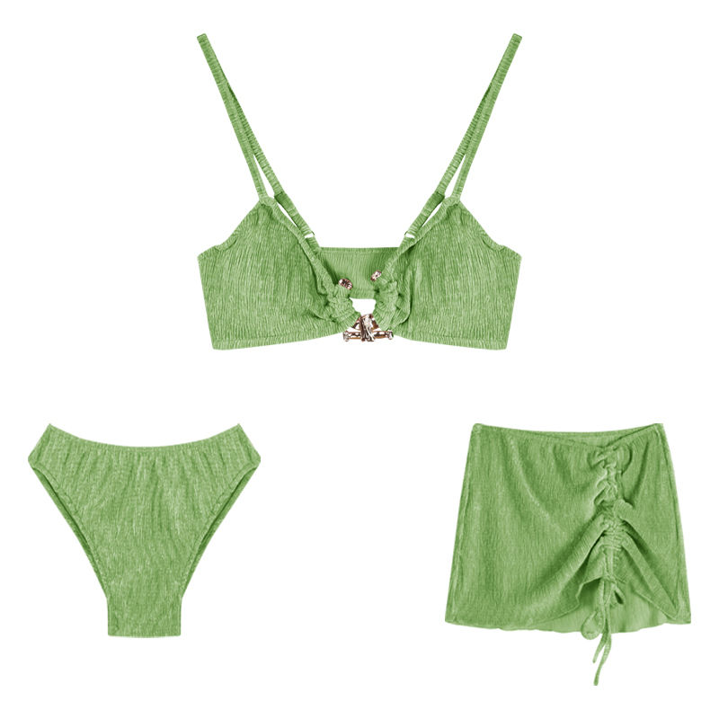 绿色丝绒泳衣韩国ins风新款比基尼三件套性感分体高级感泳装