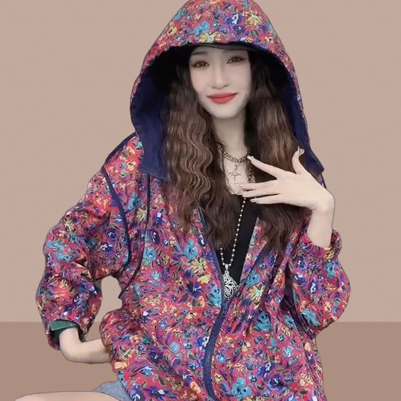 European station 2023 spring new floral retro hooded jacket women's fashion foreign style all-match casual cardigan top