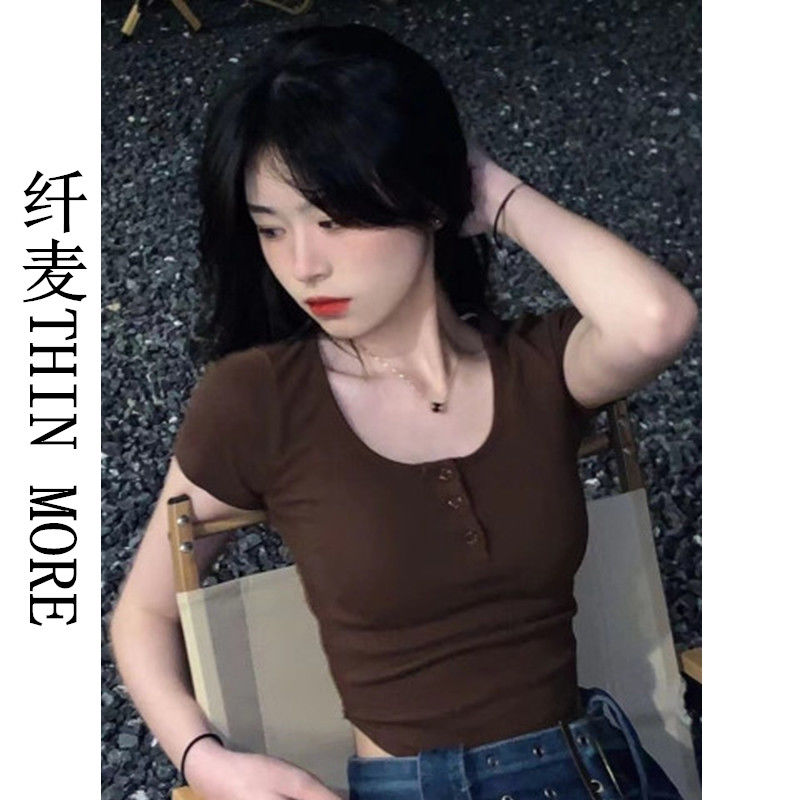 Fiber wheat THIN MORE retro coffee color square collar short-sleeved T-shirt female American retro self-cultivation hot girl short top summer