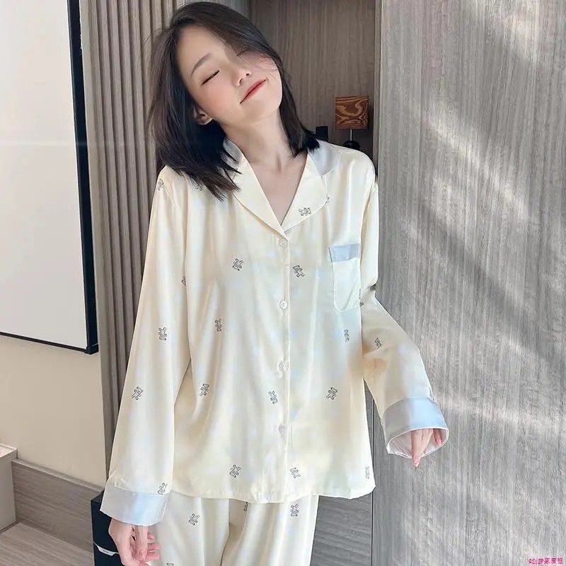 Ice silk pajamas women's spring and autumn style  new ins bubble bear simulation silk autumn and winter high-level home clothes