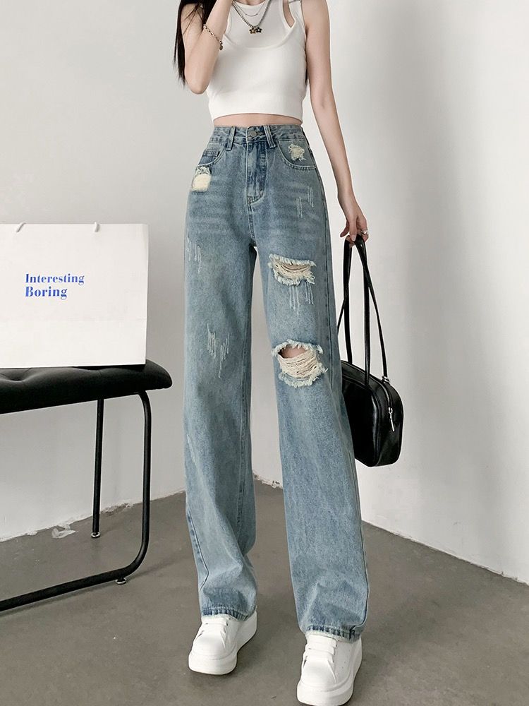 YSYOURS破洞牛仔褲女夏季直筒寬鬆顯瘦大碼高腰垂感闊腿拖地褲子
