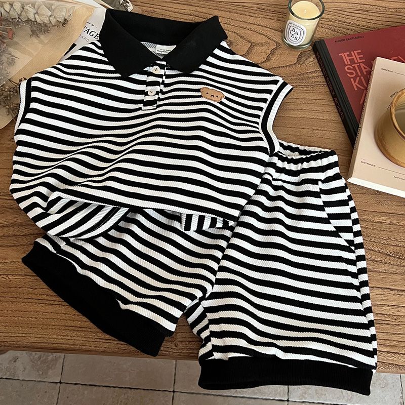Boys summer cartoon bear short-sleeved shorts suit 2023 summer new children's striped POLO collar two-piece suit