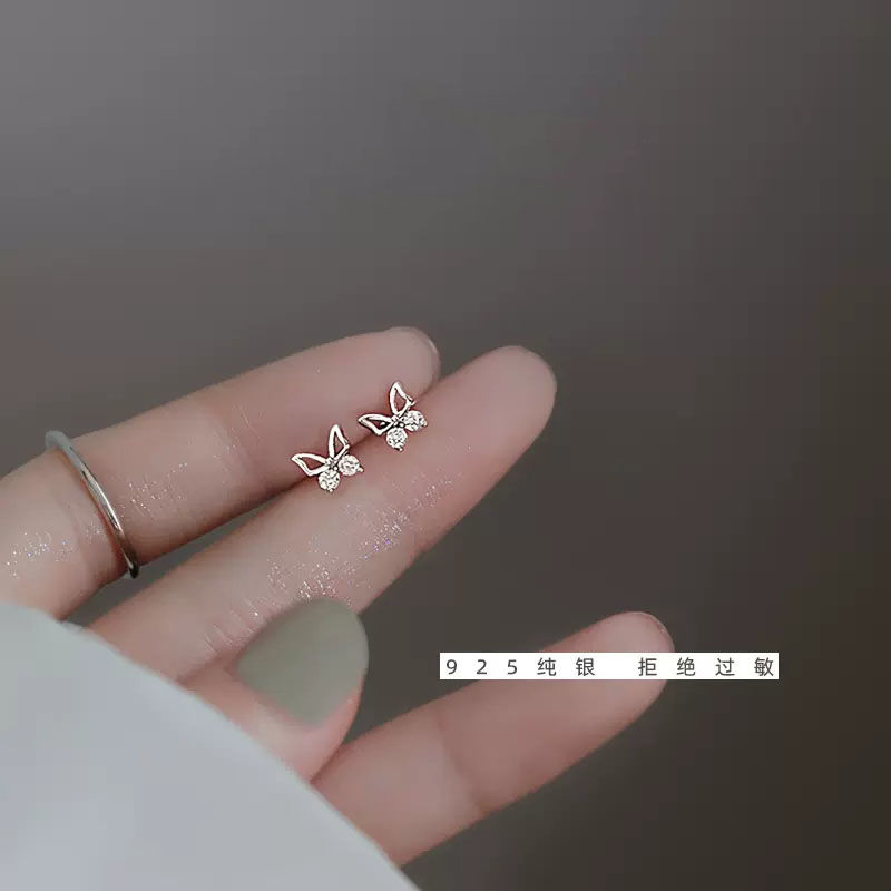 純銀蝴蝶耳釘女養耳洞2023年高級感小眾設計耳環睡覺不用摘耳飾品