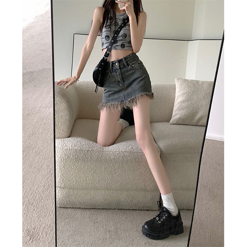 高腰毛邊防走光牛仔裙半身裙女2023春季大碼復古辣妹A字裙短裙子